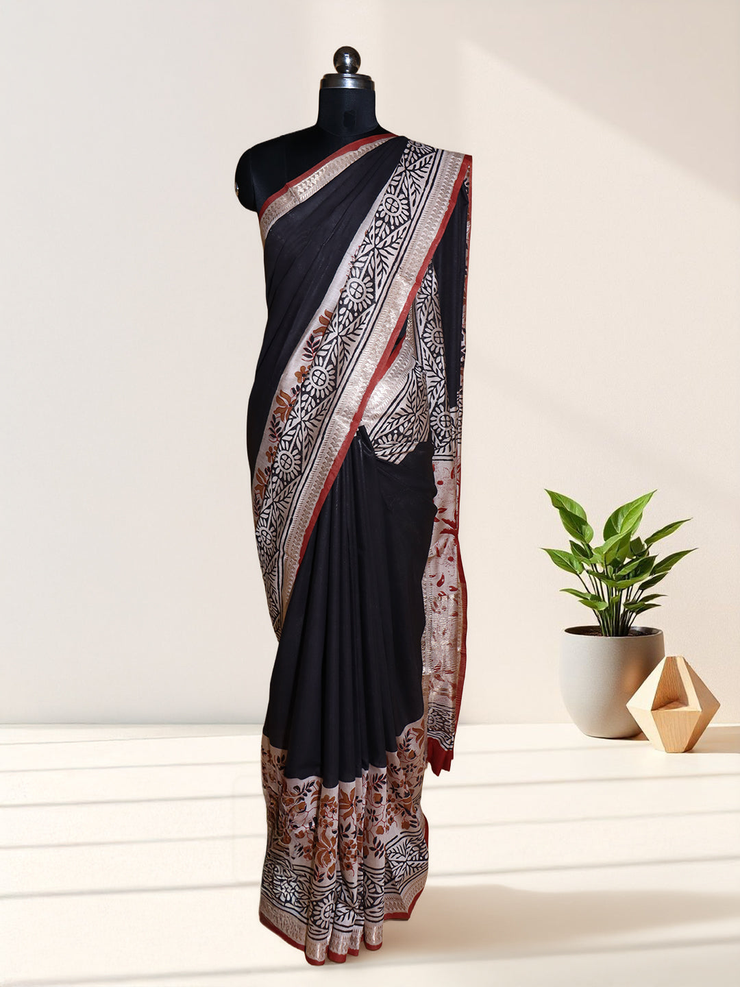 Women Black Semi Chanderi Cotton Printed Saree SC80