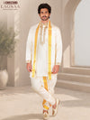 LAGNAA Premium Pure Silk Hand Embroidered Floral Motif Jari Work Kurta, Panchakacham & Angavastram set | Mangala Deepam