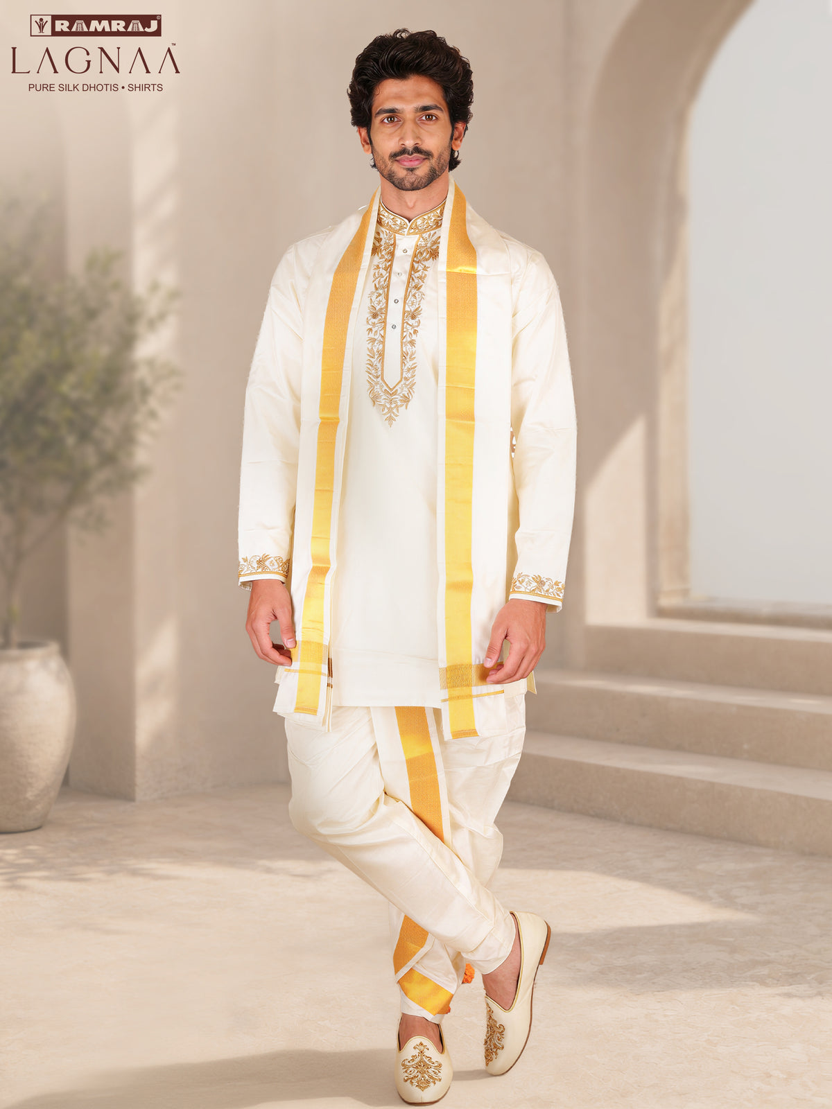 LAGNAA Premium Pure Silk Hand Embroidered Floral Motif Jari Work Kurta, Panchakacham & Angavastram set | Mangala Deepam
