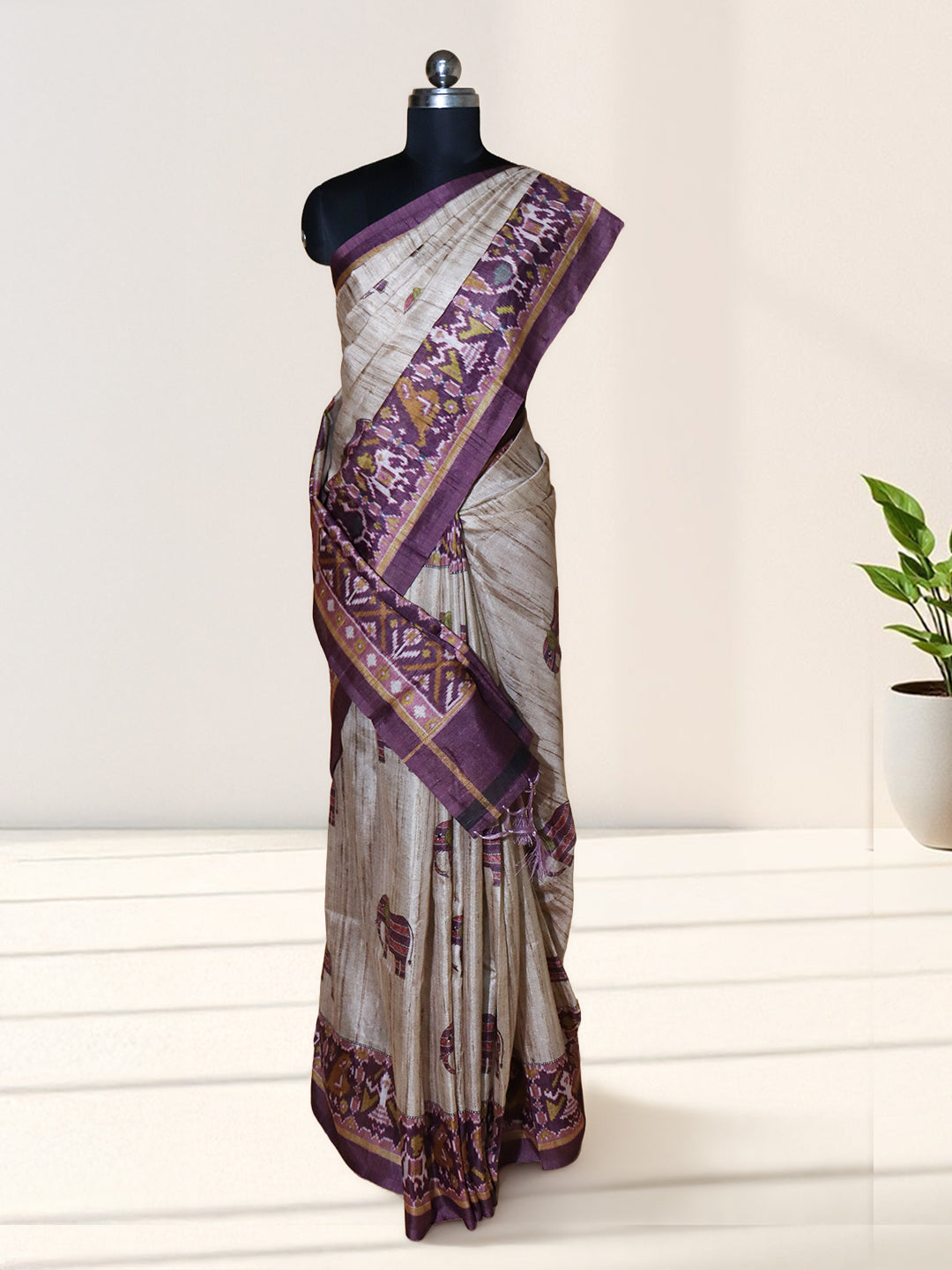 Women Brown with Purple Semi Tussar Printed Saree ST308