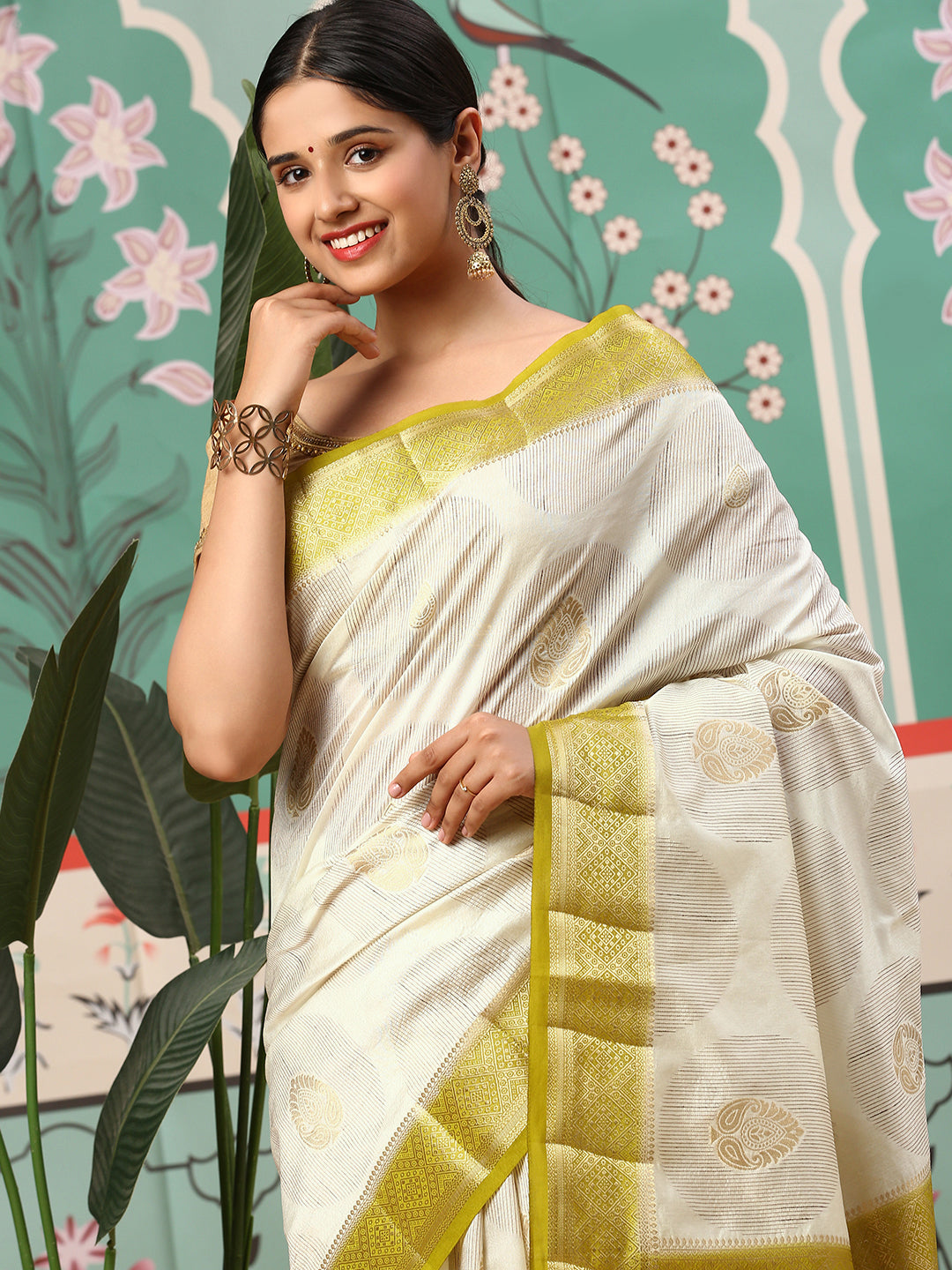 Women Semi Raw Silk Weaving Saree Cream SRS74