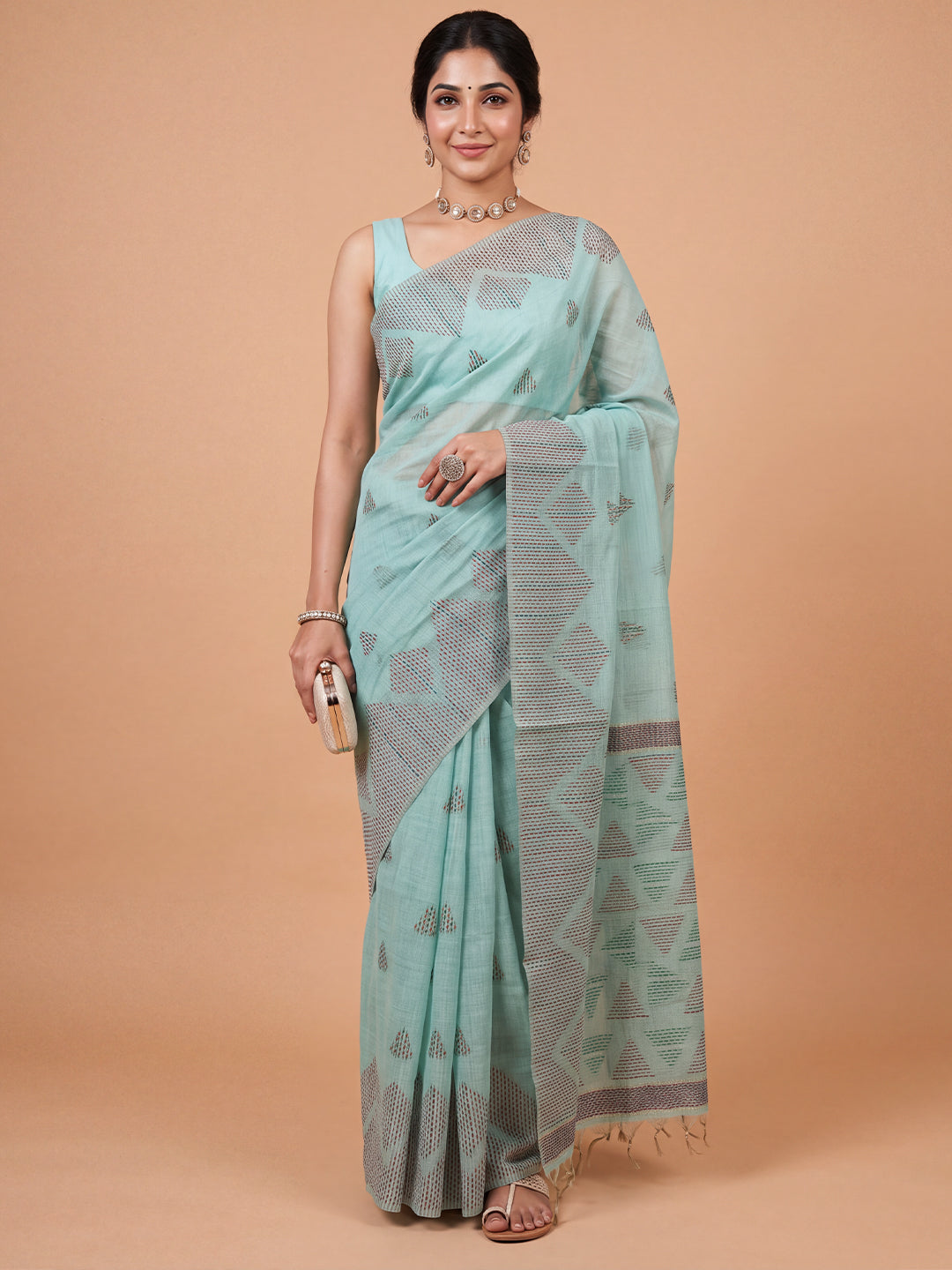 Women Kora Cotton Mint Green Printed Saree KC05