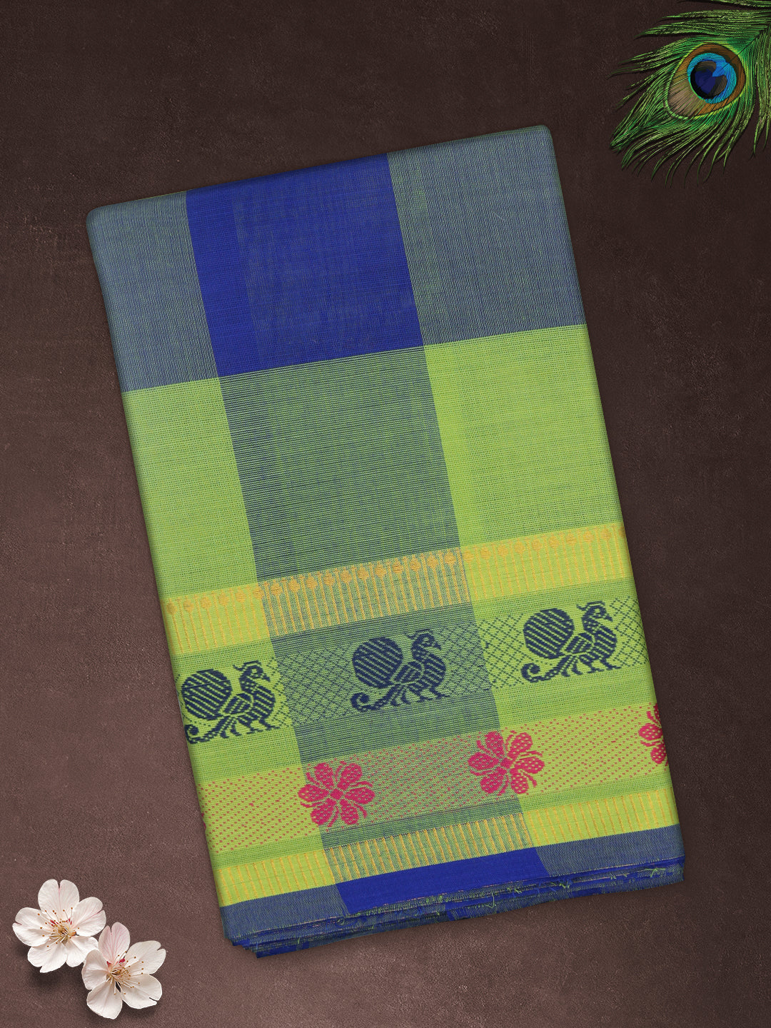 Women Green with Blue Checks Pure Chettinad Cotton Saree PCS233