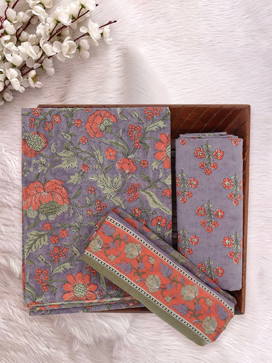 Women Pure Cotton Printed Dress Material Violet with Orange DM341