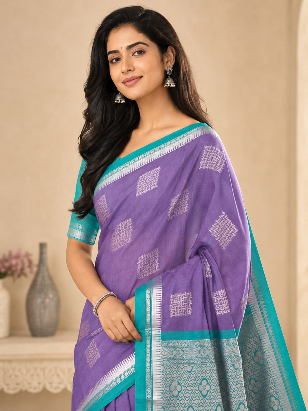 Women Dark Purple Kora Cotton Saree SK136
