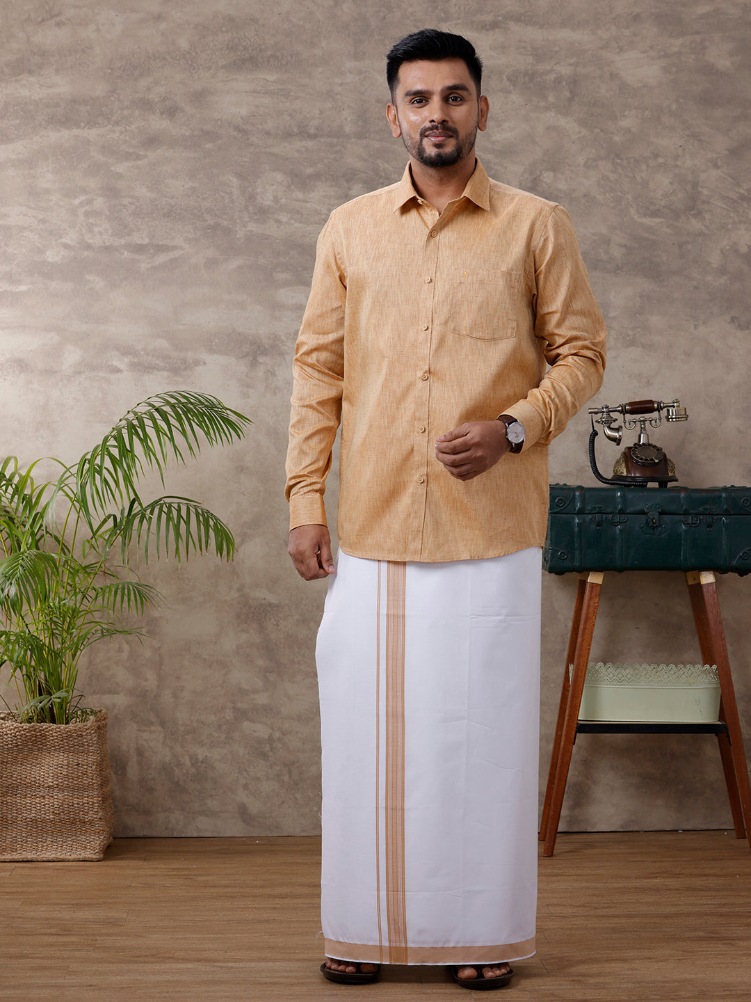 Mens Matching Border Dhoti & Shirt Set Full Mustard C1