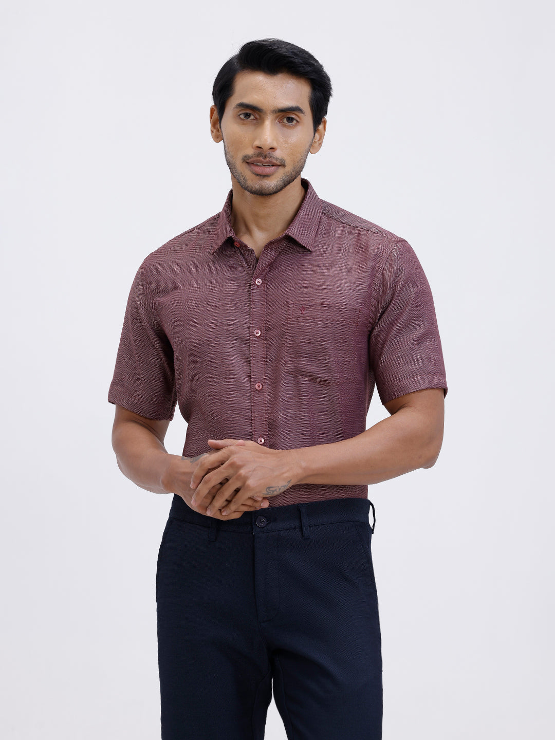 Men Cotton Rich Half Sleeve Shirt Maroon Red Dobby T59 AIT2