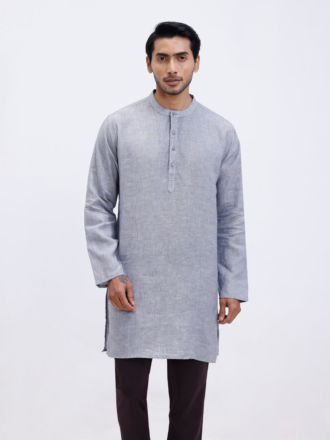 Men Pure Linen Medium Length Plain Pocket Kurta Grey KAL13