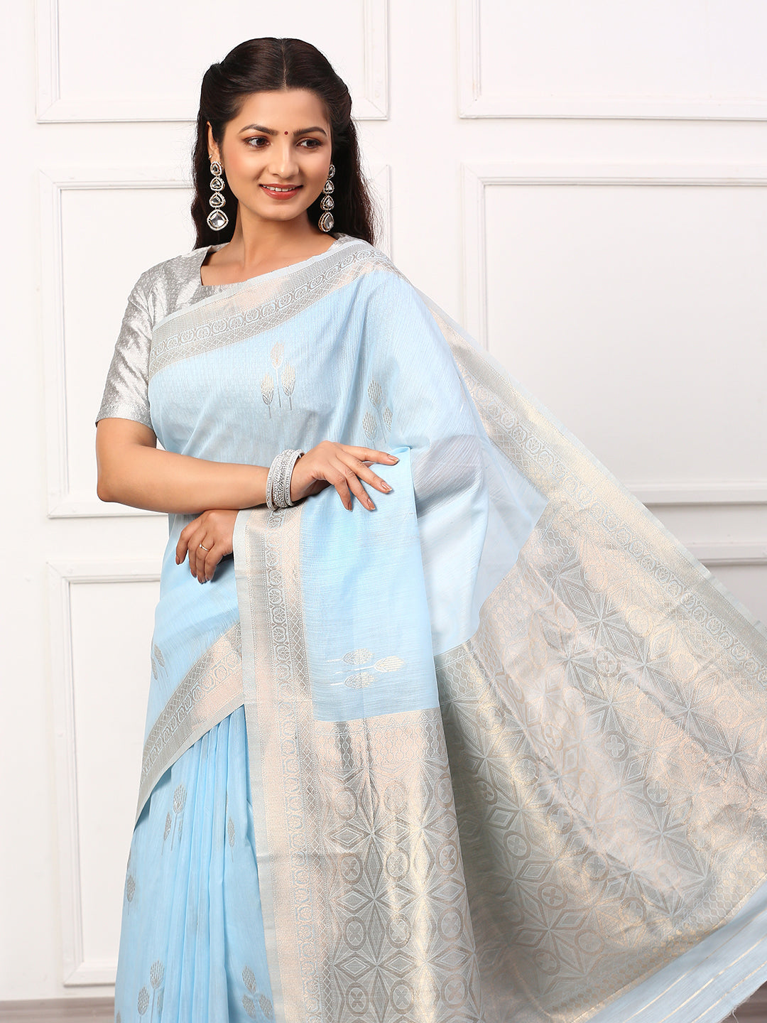 Women Semi Linen Weaving Saree Blue SL140