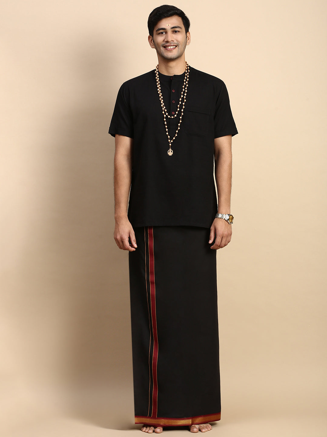 Men Devotional Mayilkhan Border Dhoti & Kurta Set Black PB17