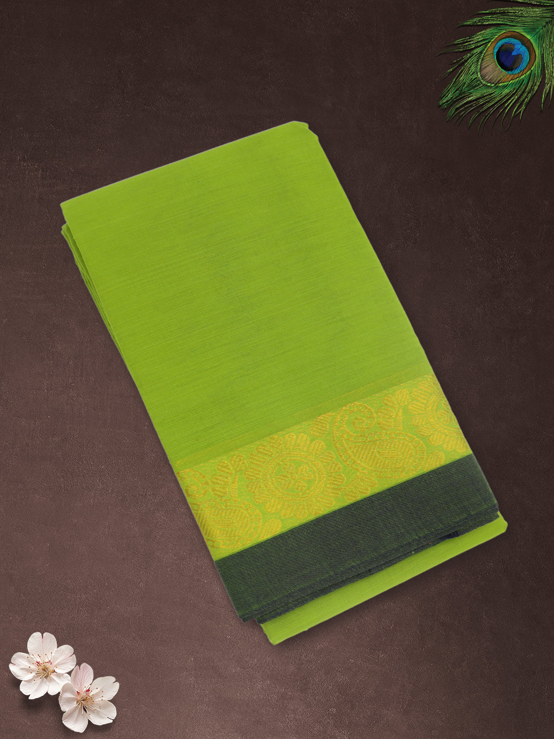 Women Parrot Green Plain Pure Chettinad Cotton Saree PCS236