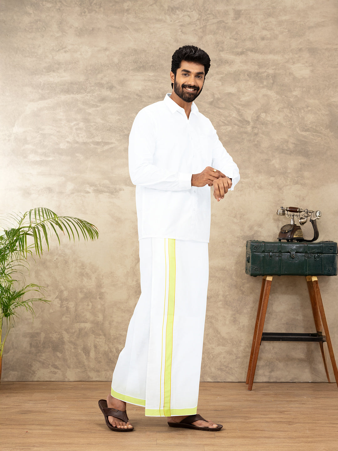 Men Cotton Blend Readymade Single Layer White Dhoti with Fancy Jari Border GACJ39
