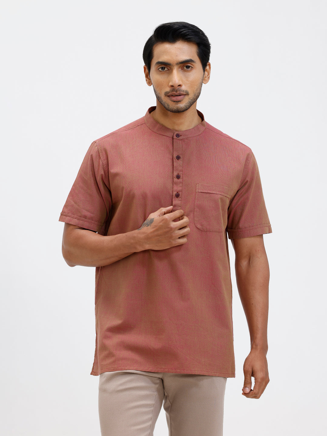 Men Cotton Short Length Plain Pocket Kurta Greenish Pink PC25