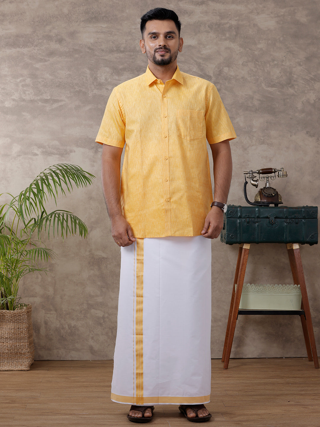 Men Matching Border Dhoti & Half Sleeves Shirt Set Gold C3