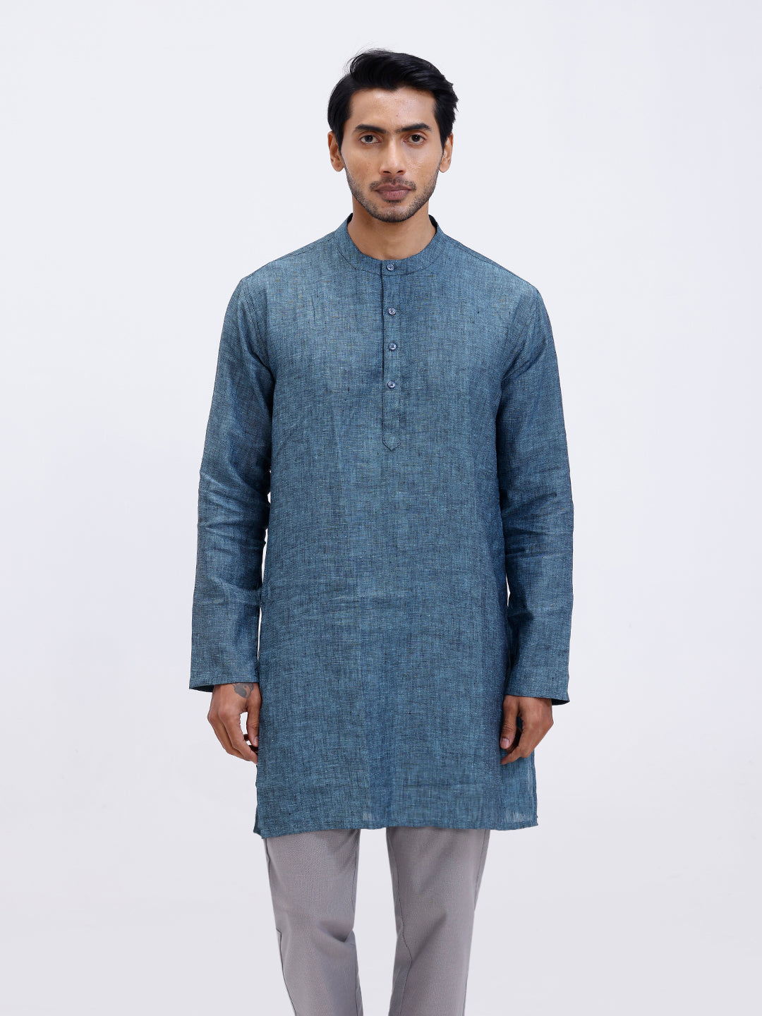 Men Pure Linen Medium Length Plain Pocket Kurta Greenish Blue KAL2