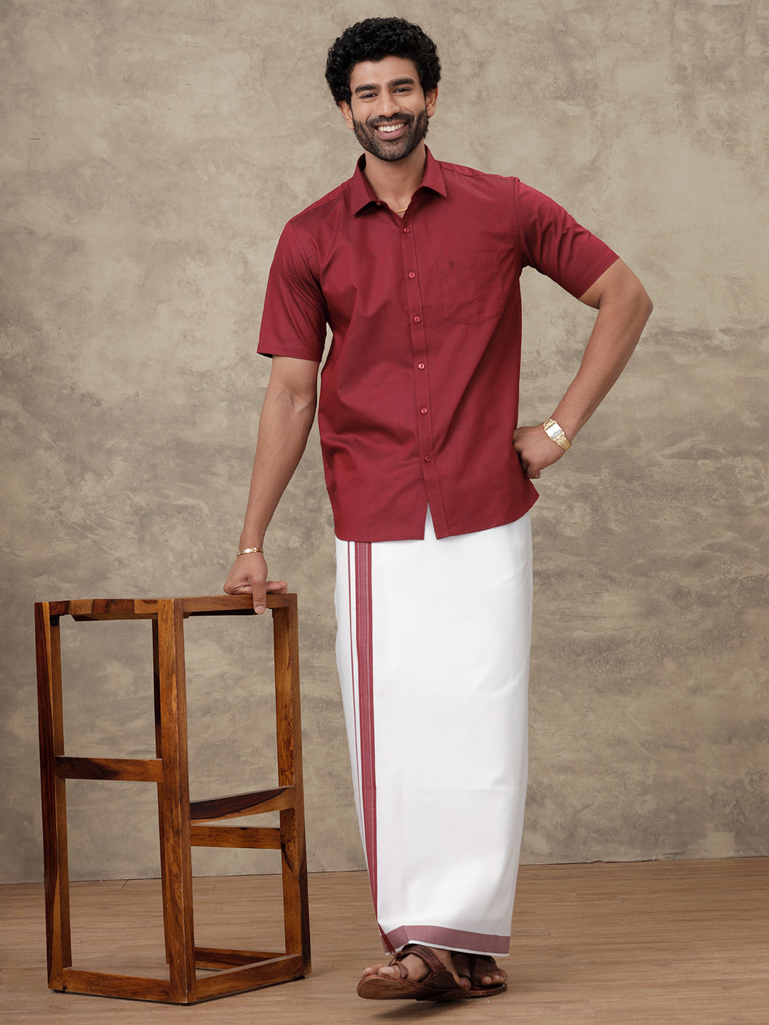 Men Dark Red Colour Shirt With Matching Border Dhoti Set Evolution