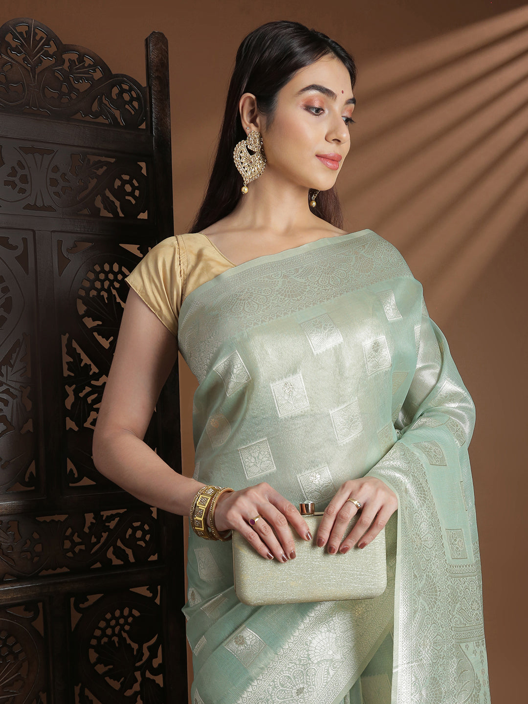 Women Green Cotton Weaving Saree PCS258