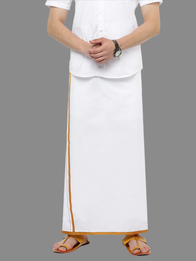 Mens Double Dhoti White with Big Border External Brown