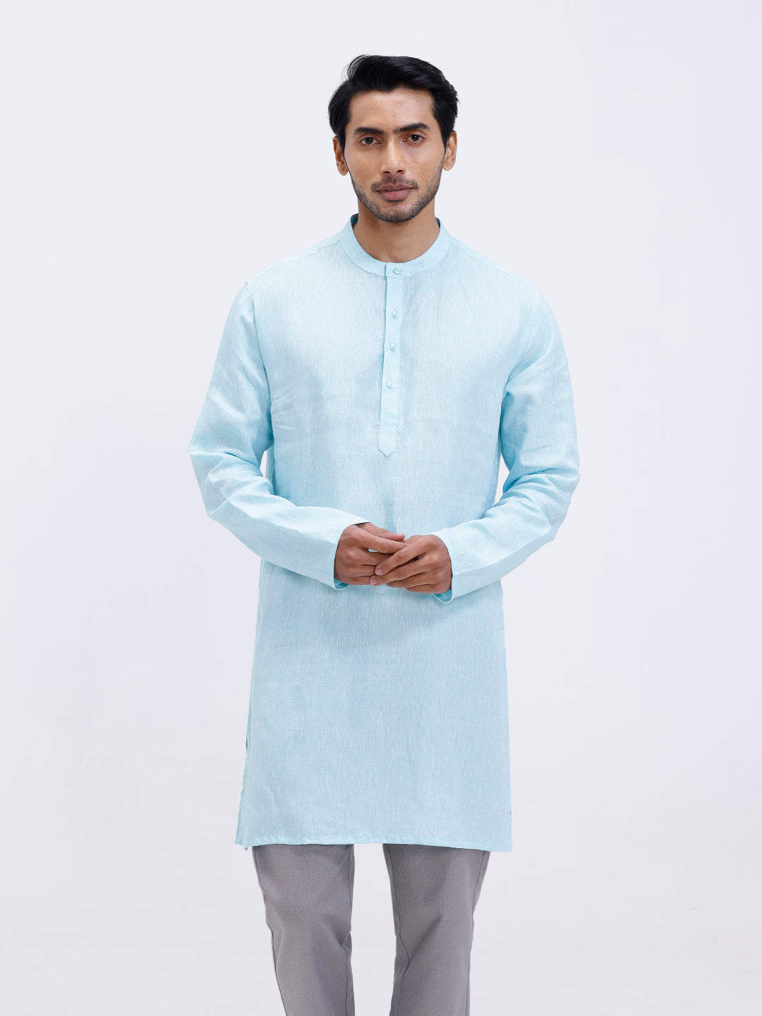 Men Pure Linen Medium Length Plain Pocket Kurta Light Mint Blue KAL4