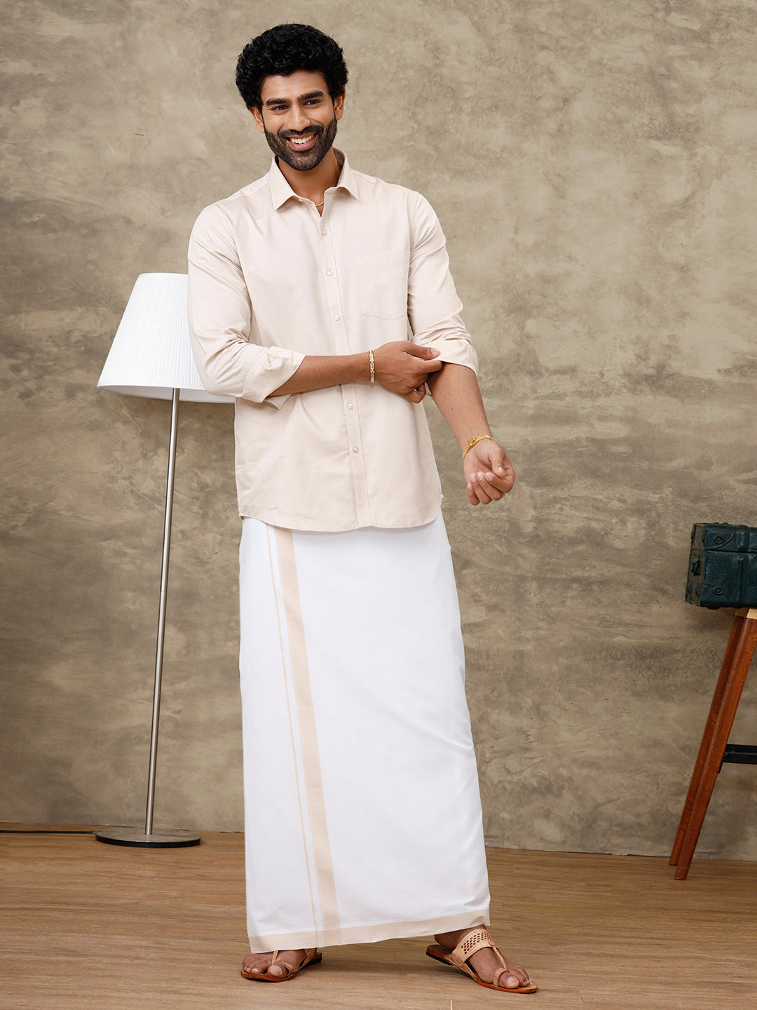 Men Pale Grey Shirt With Matching Border Dhoti Set Evolution