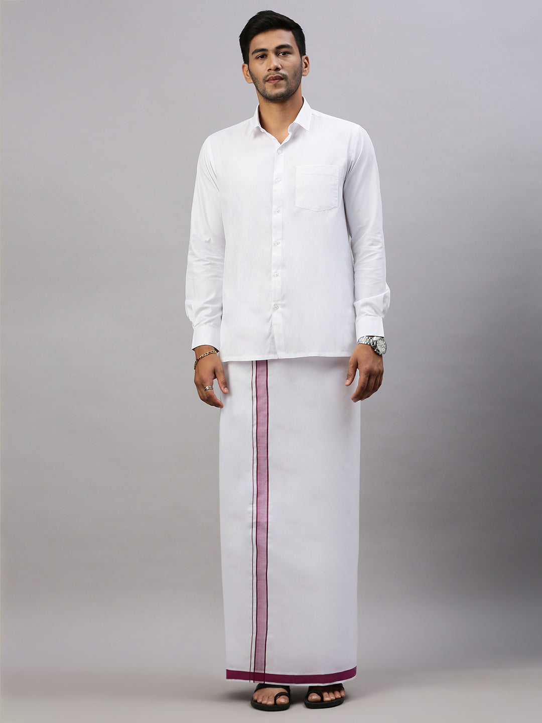 Mens White Shirt with Purple Fancy Border Dhoti Combo WP18