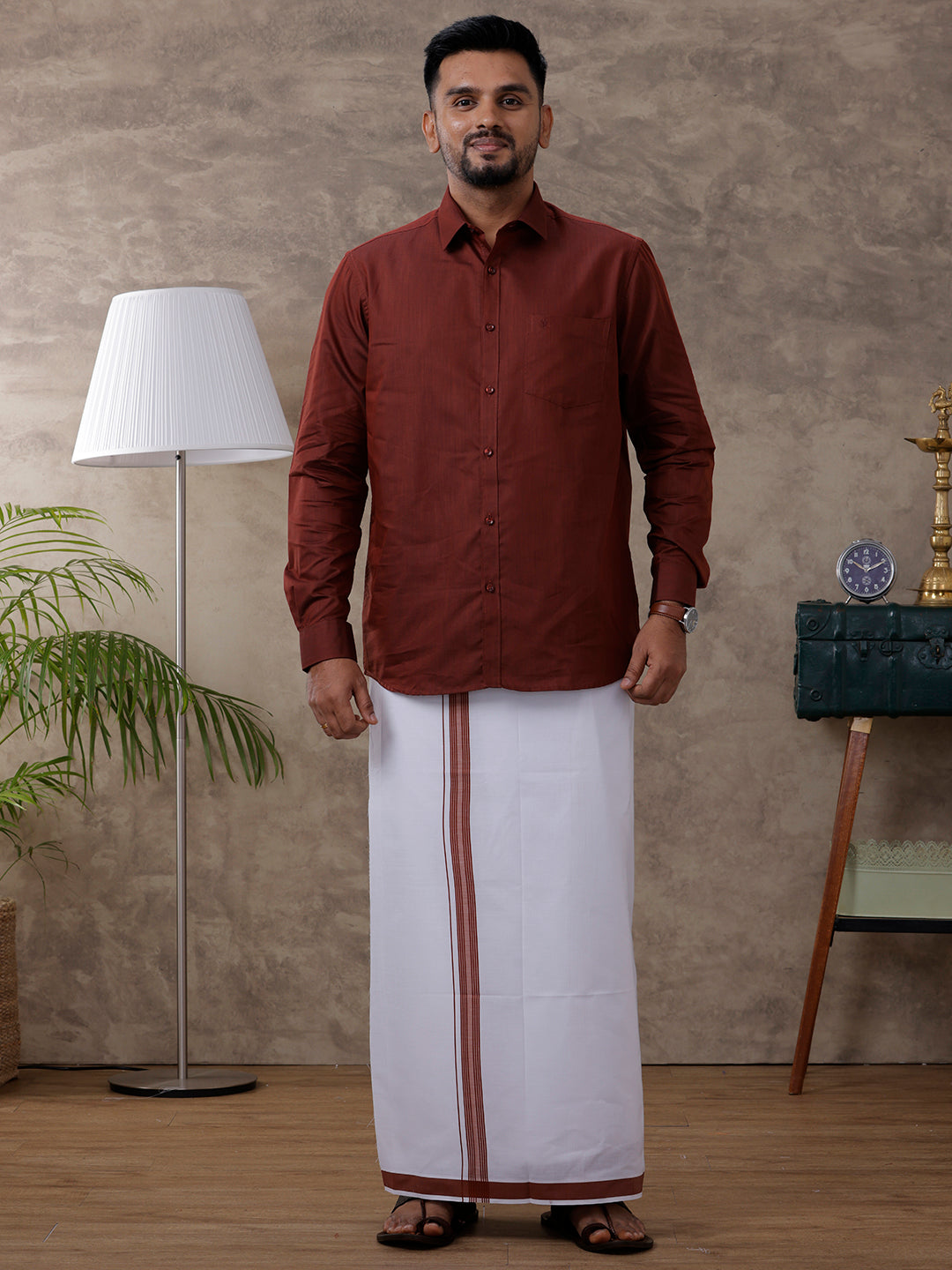 Mens Brown Matching Border Dhoti & Full Sleeves Shirt Set Evolution IC7