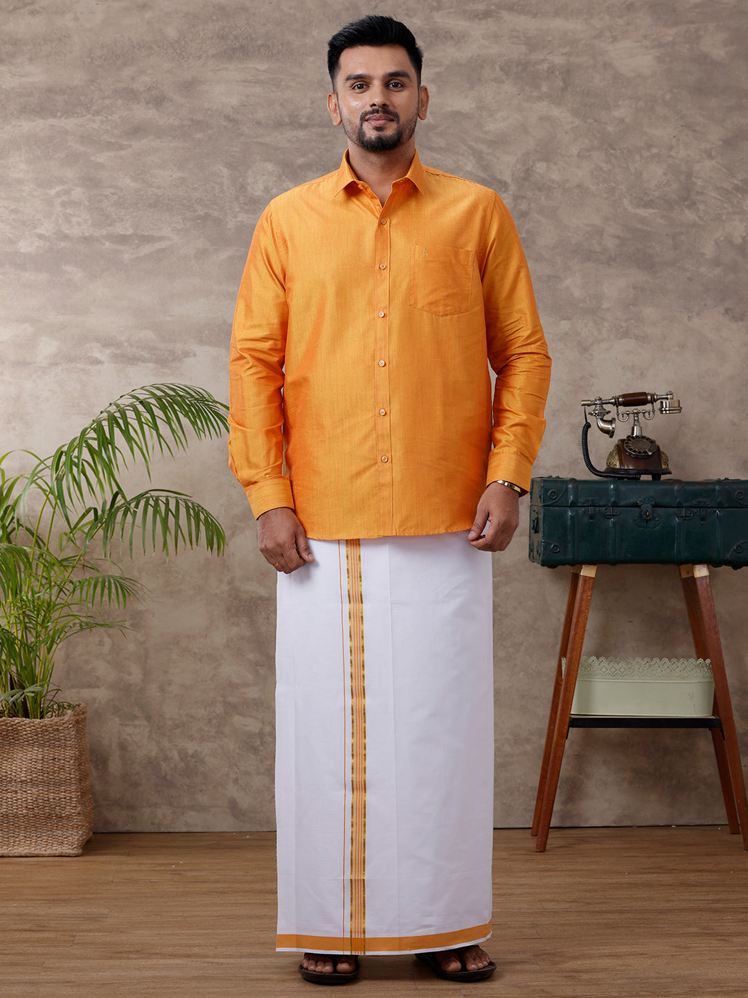 Men Matching Jari Border Dhoti & Full Sleeves Shirt Set Gold VB2