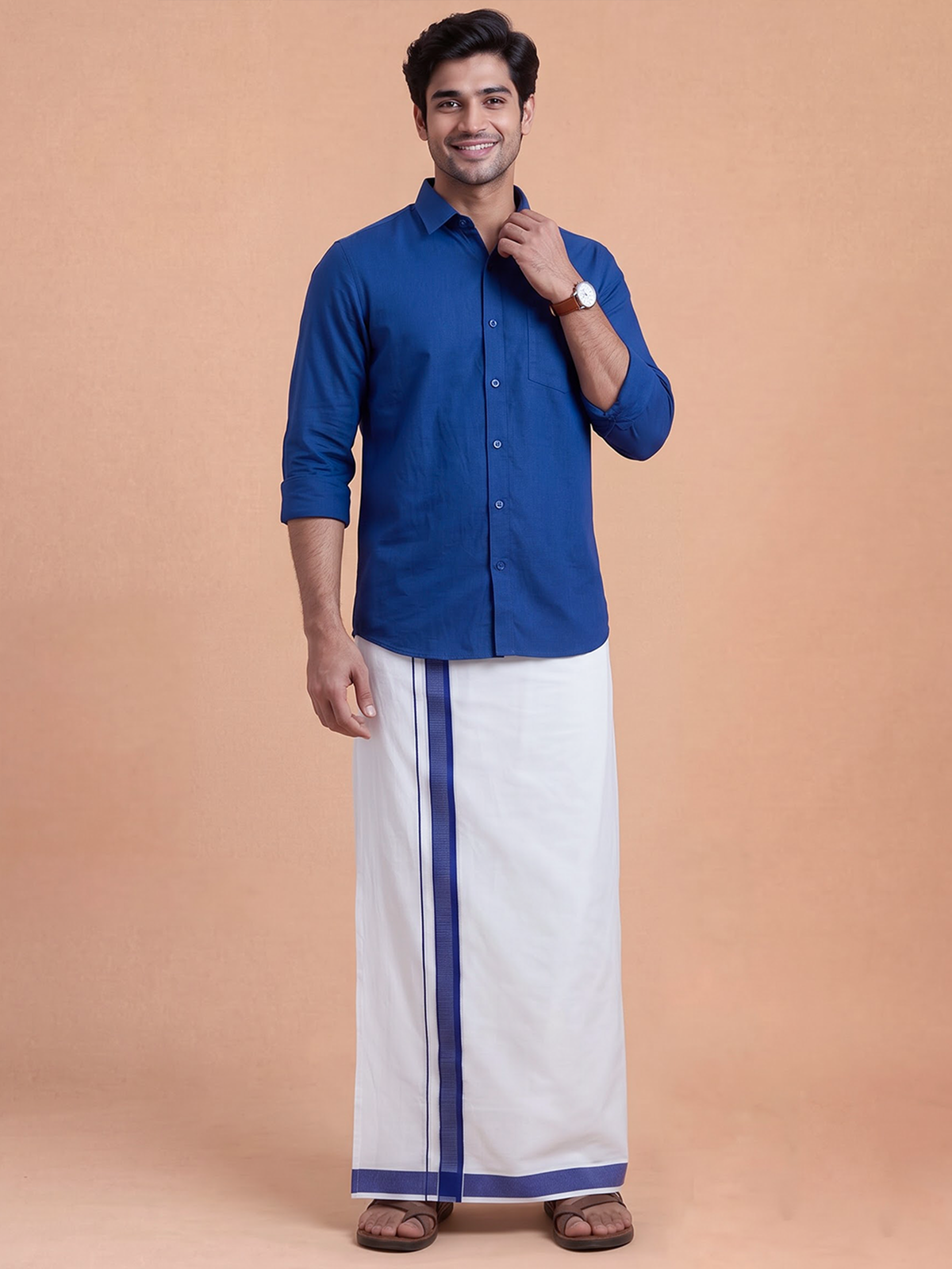 Double Layer Cotton White Dhoti with Colour Jari Border - RFF03