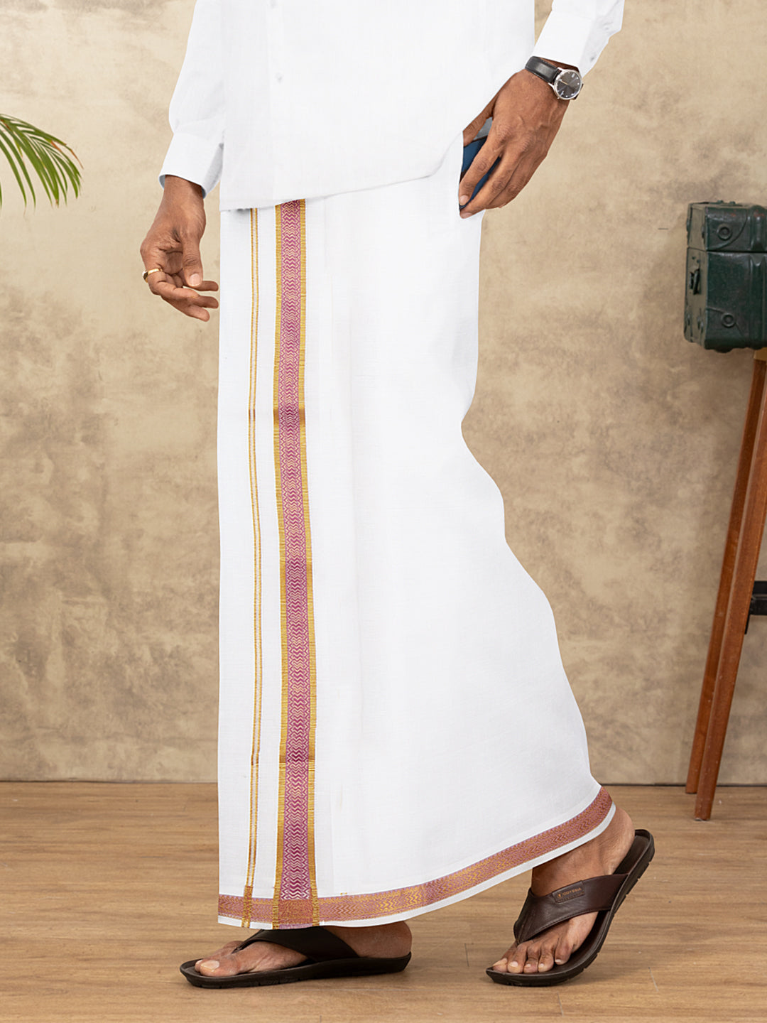 Men Cotton Blend Readymade Double Layer White Dhoti with Fancy Jari Border GGEA03
