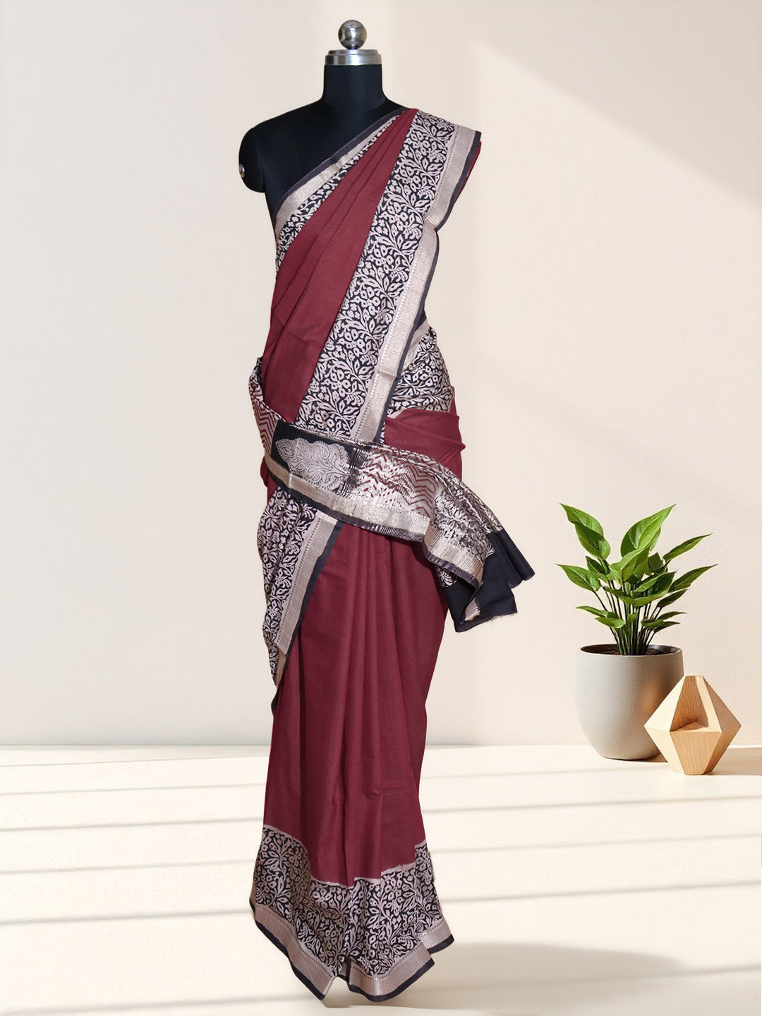 Women Maroon Semi Chanderi Cotton Printed Saree SC77