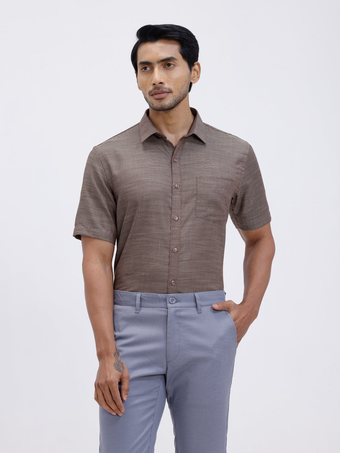 Men Cotton Rich Half Sleeve Shirt Brown Dobby T59 AIT4