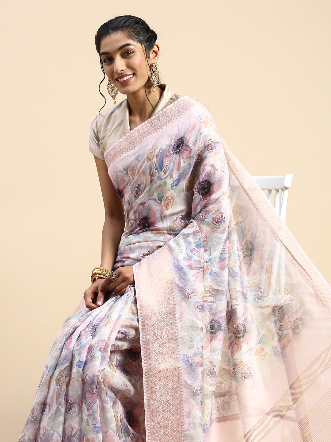 Buy Light Grey Linen Saree online-Karagiri