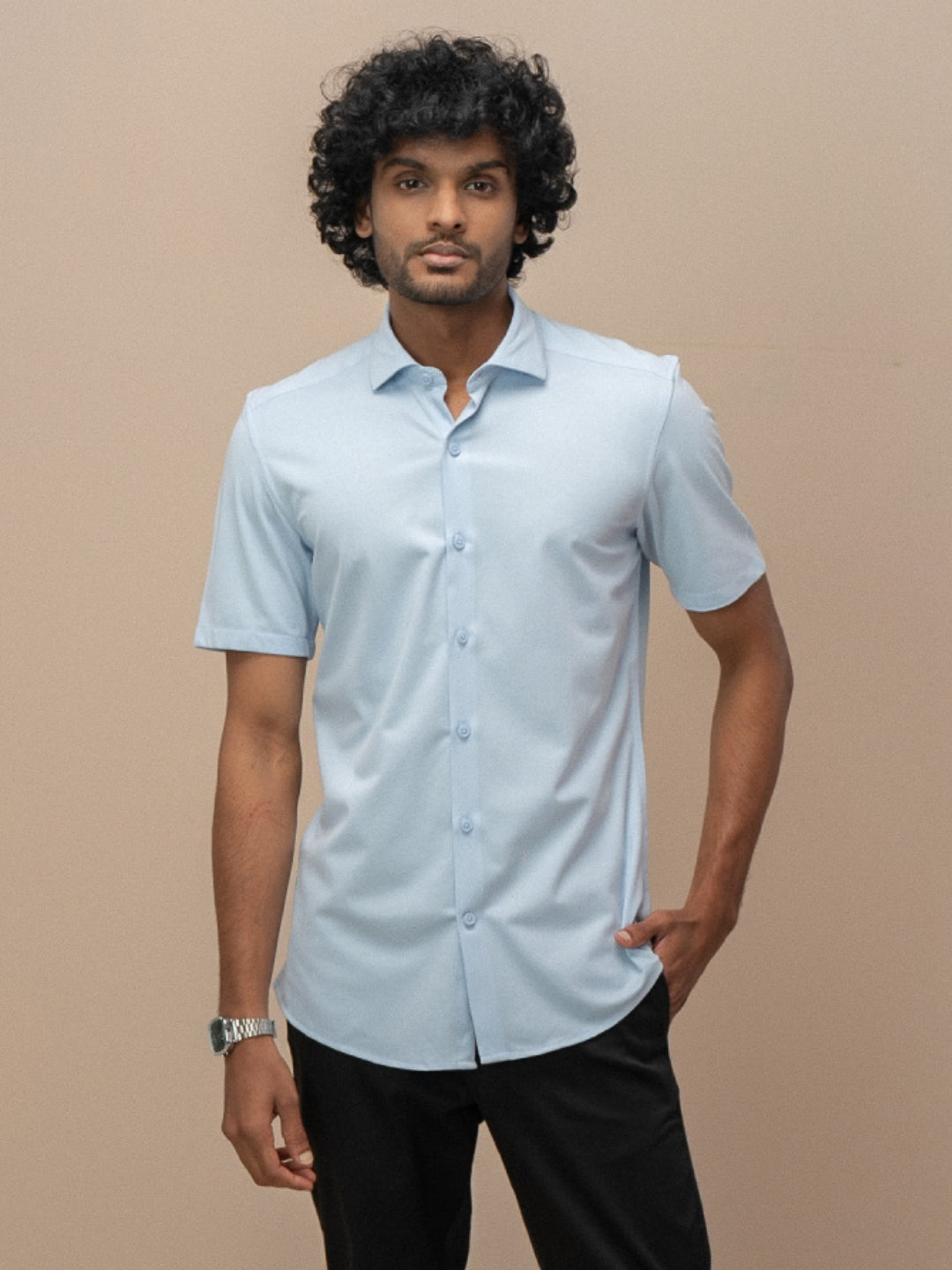 Men Poly Cotton Stretchable Sky Blue Half Sleeves Shirt ER3