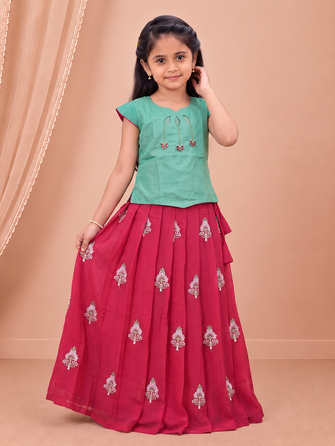 Girls Art Silk Green with Pink Pattu Pavadai Set GPS80