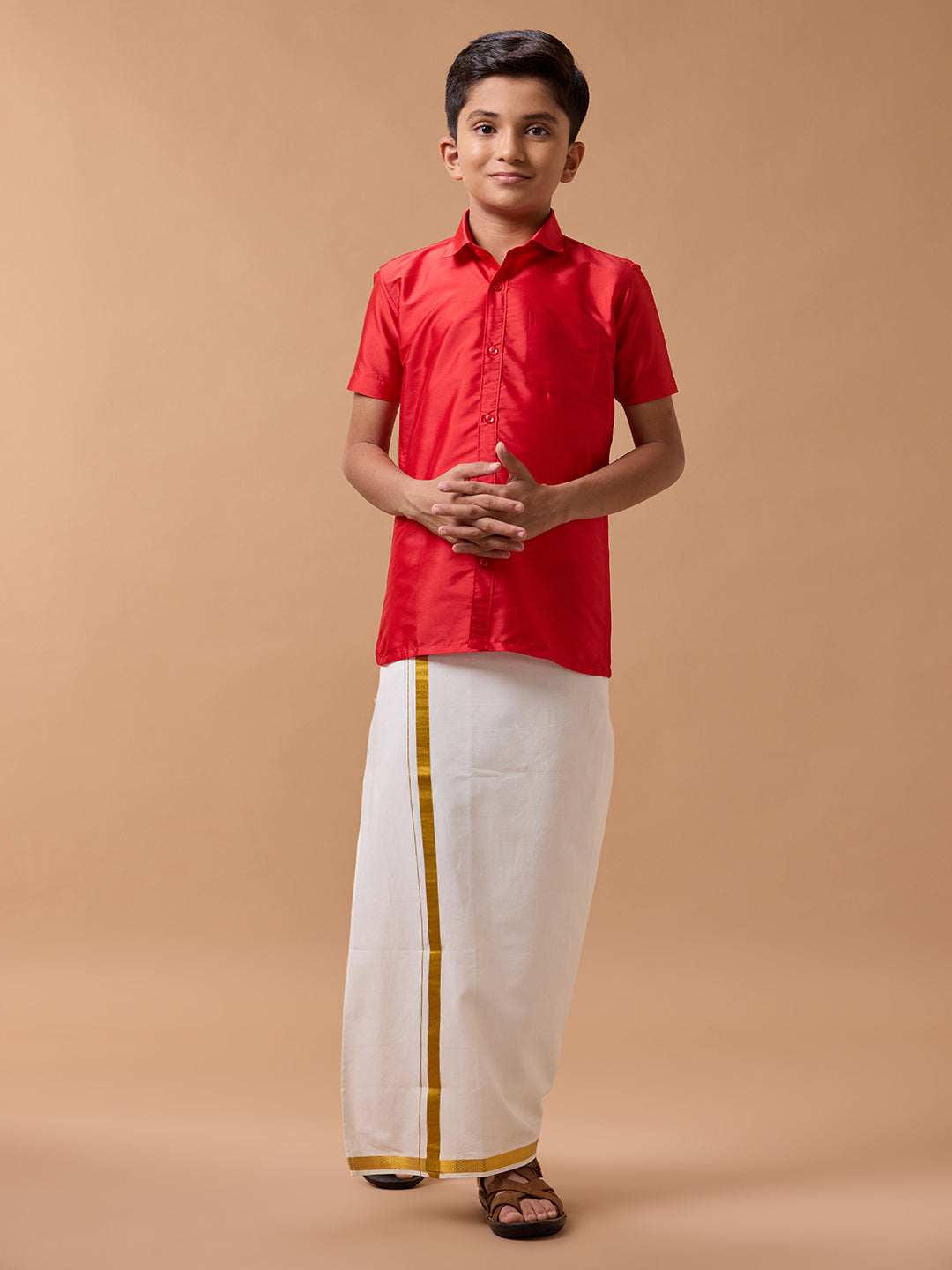 Boys Silk Cotton Shirt with Dhoti Set Cherry Red