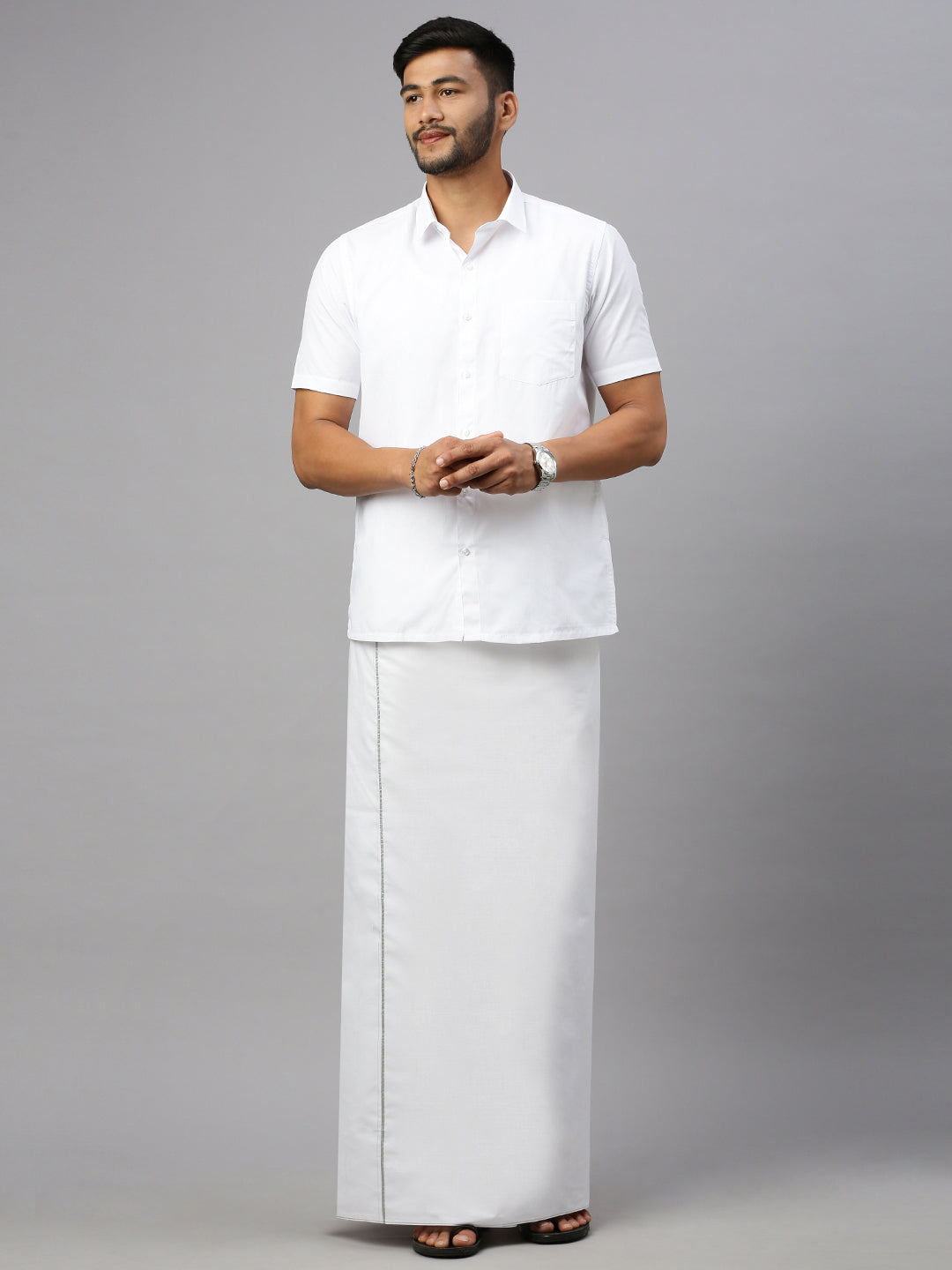 Mens Single Dhoti White with Smart Nice Silver Jari