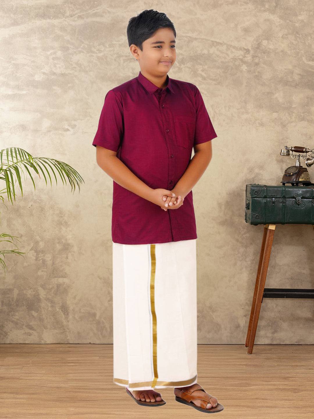 Boys Vetti Vaaram Dhoti & Shirt Combo Maroon