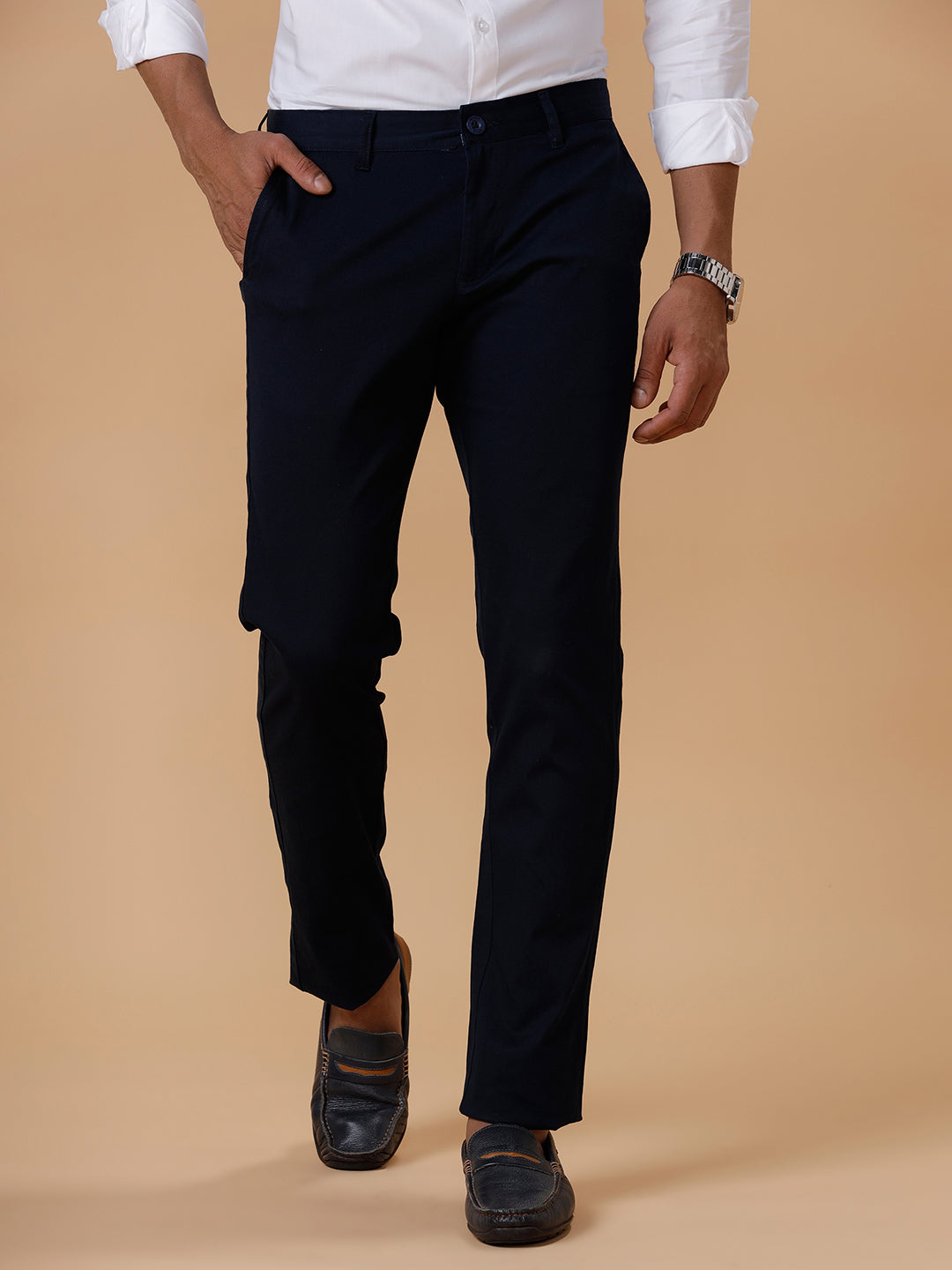 Men Cotton Smart Fit Navy Stretch Pant Zurich Plus