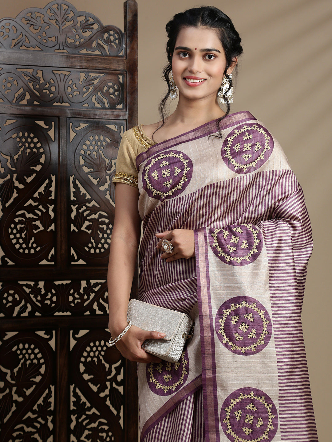 Women Purple with Brown Semi Raw Silk Embroidered Saree SRS114