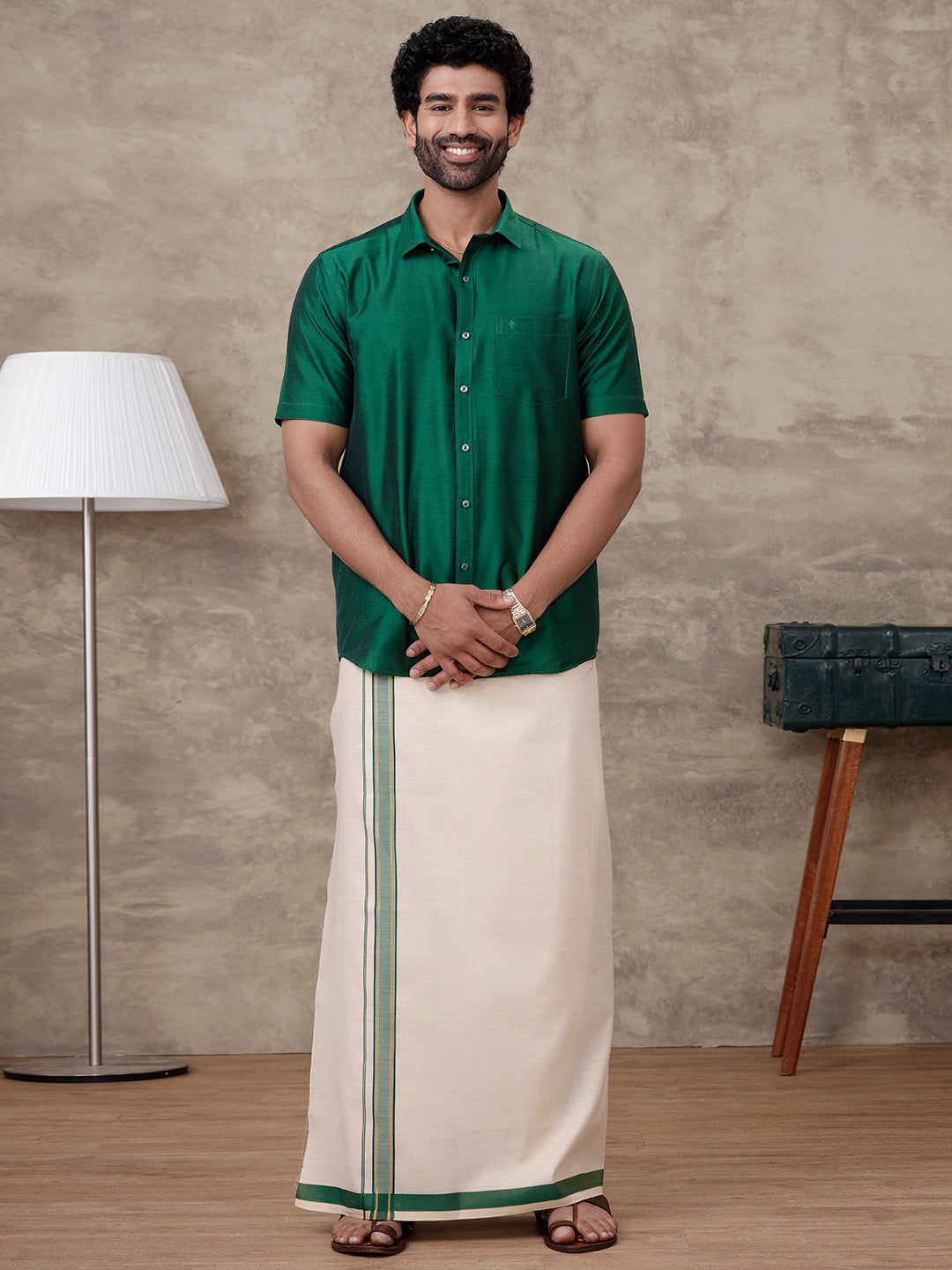 Men Parsley Green Silk Cotton Shirt With Matching Border Tissue Dhoti Set CCB Fortune