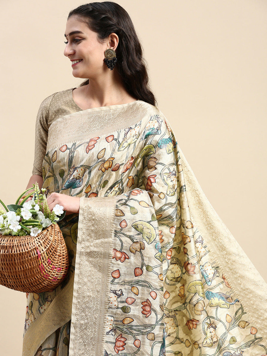 Womens Dola Silk Sandal Flower Digital Print with Jari Border Sarees DS03