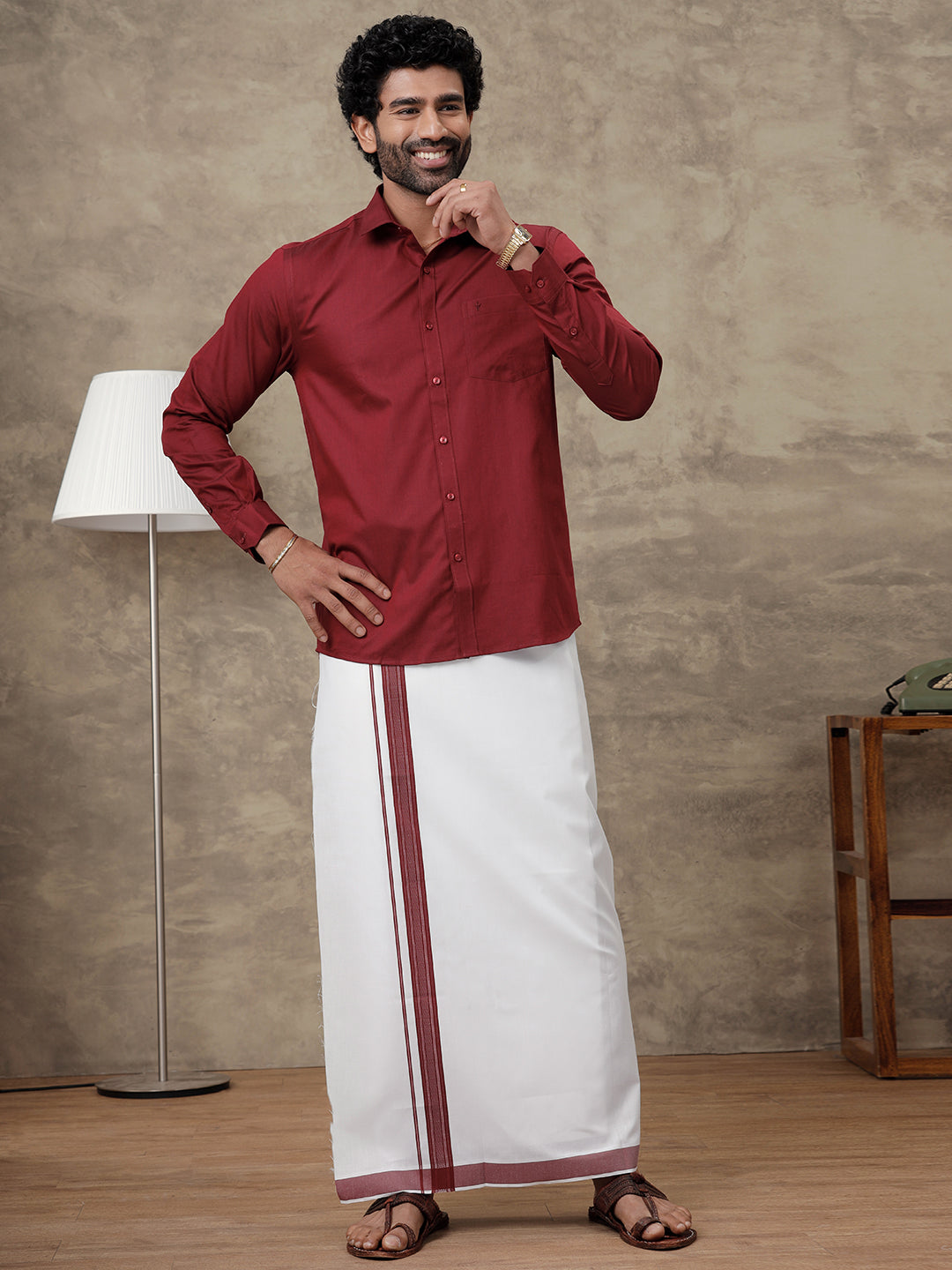 Men Dark Red Colour Shirt With Matching Border Dhoti Set Evolution