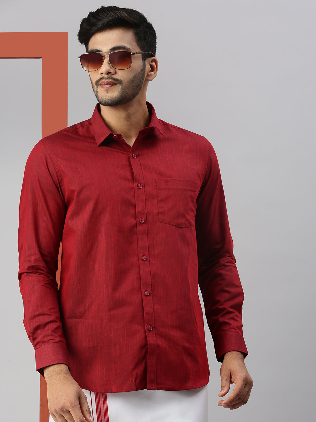 Mens Dark Red Matching Border Dhoti & Full Sleeves Shirt Set Evolution IC9-Front view