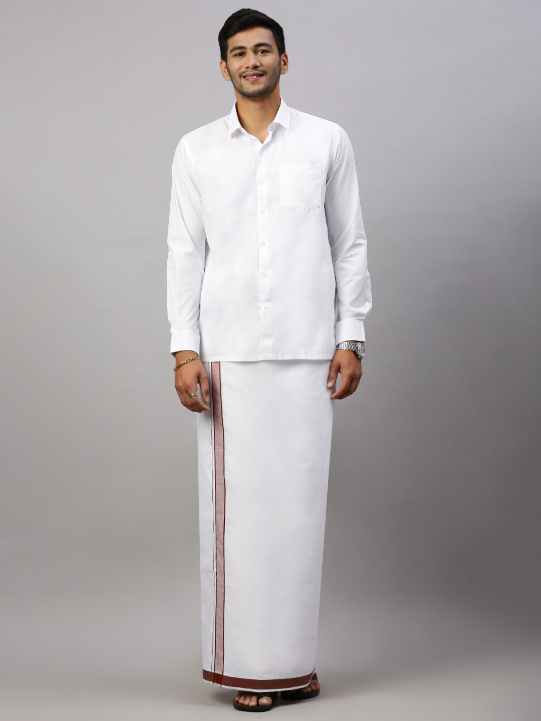 Mens White Shirt with Brown Fancy Border Dhoti Combo WP12