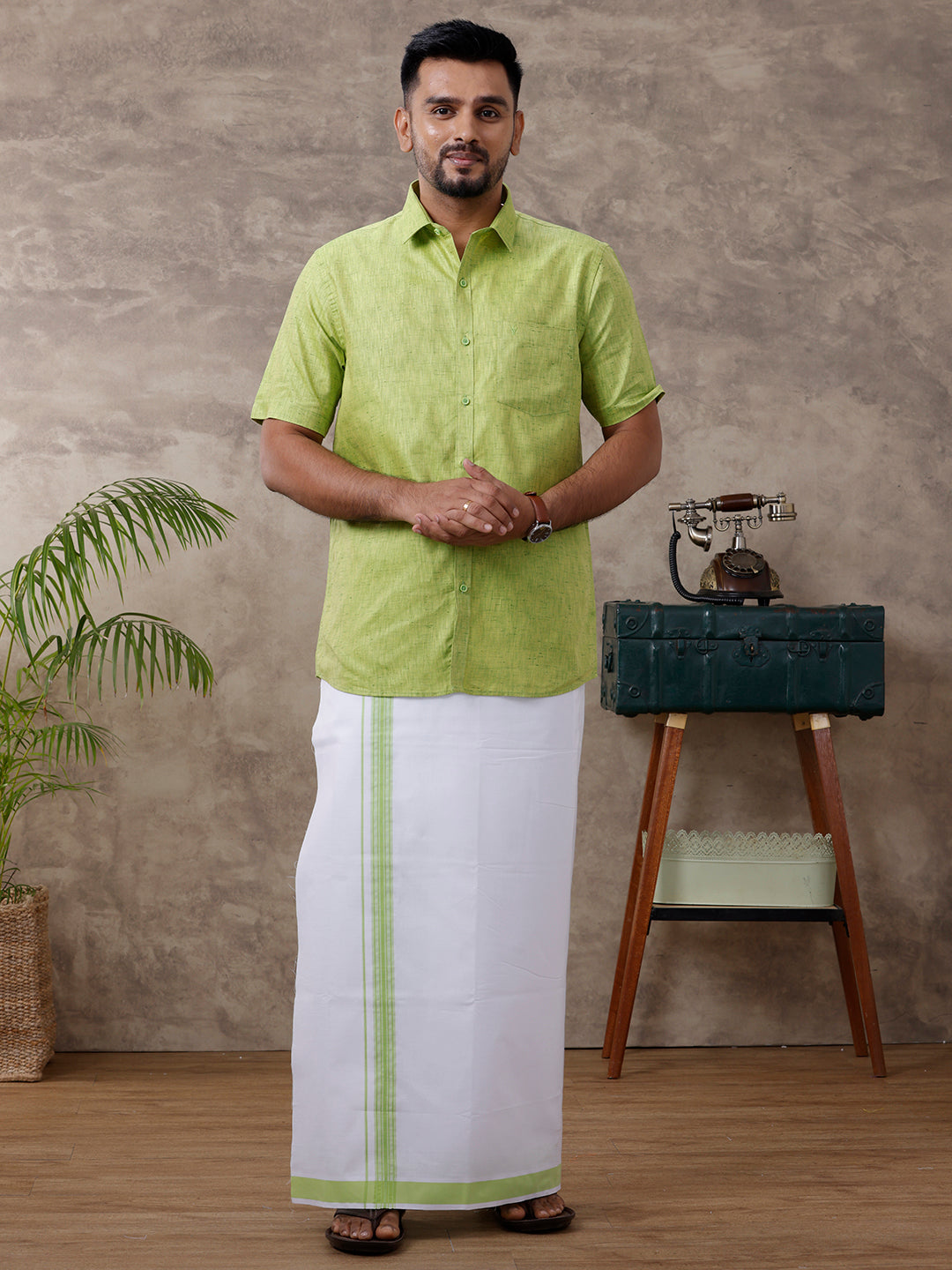 Men Matching Border Dhoti & Half Sleeves Shirt Set Green C82