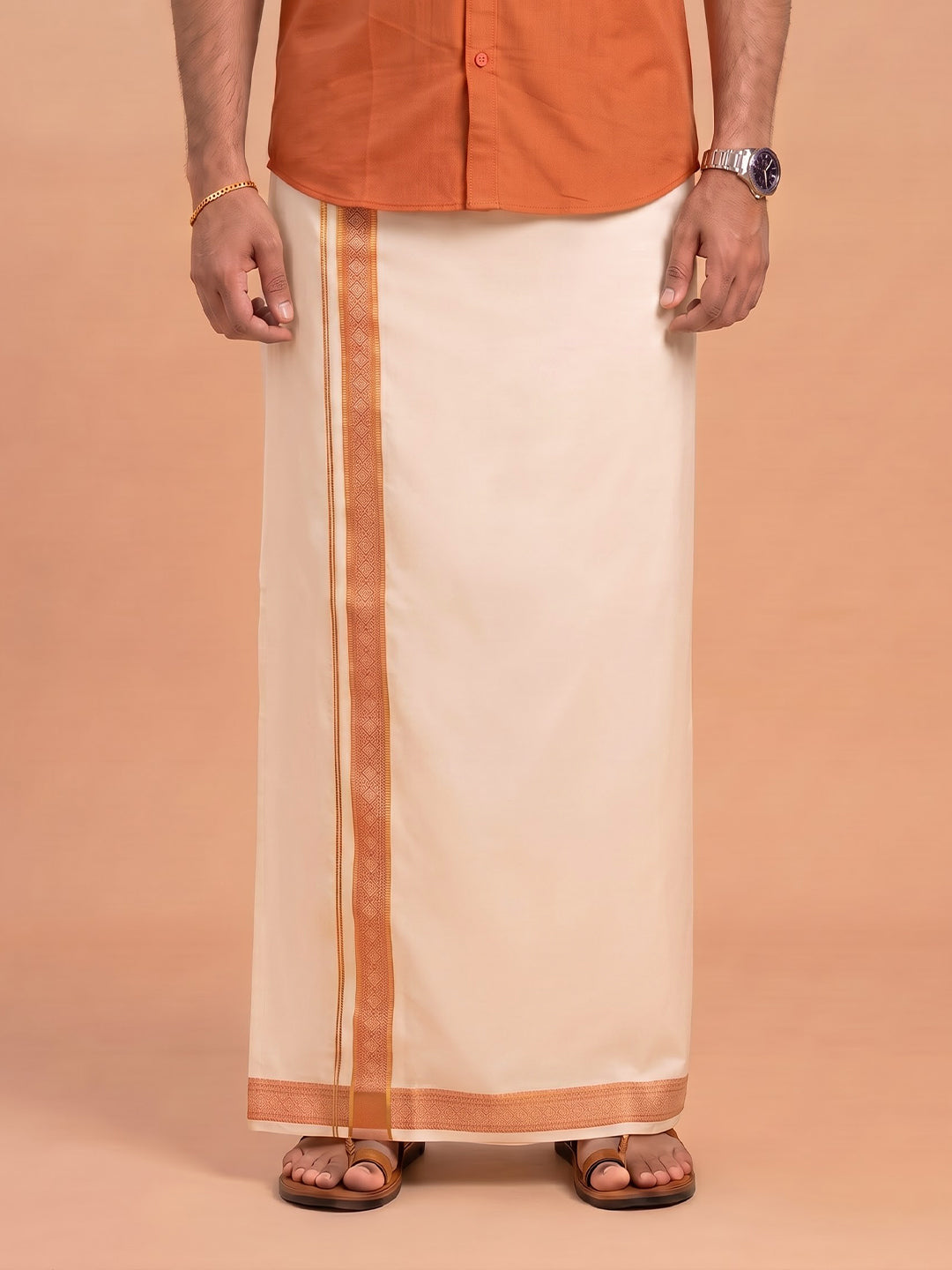 Double Layer 100% Cotton Cream Kora Dhoti with Colour Jari Border - CF04