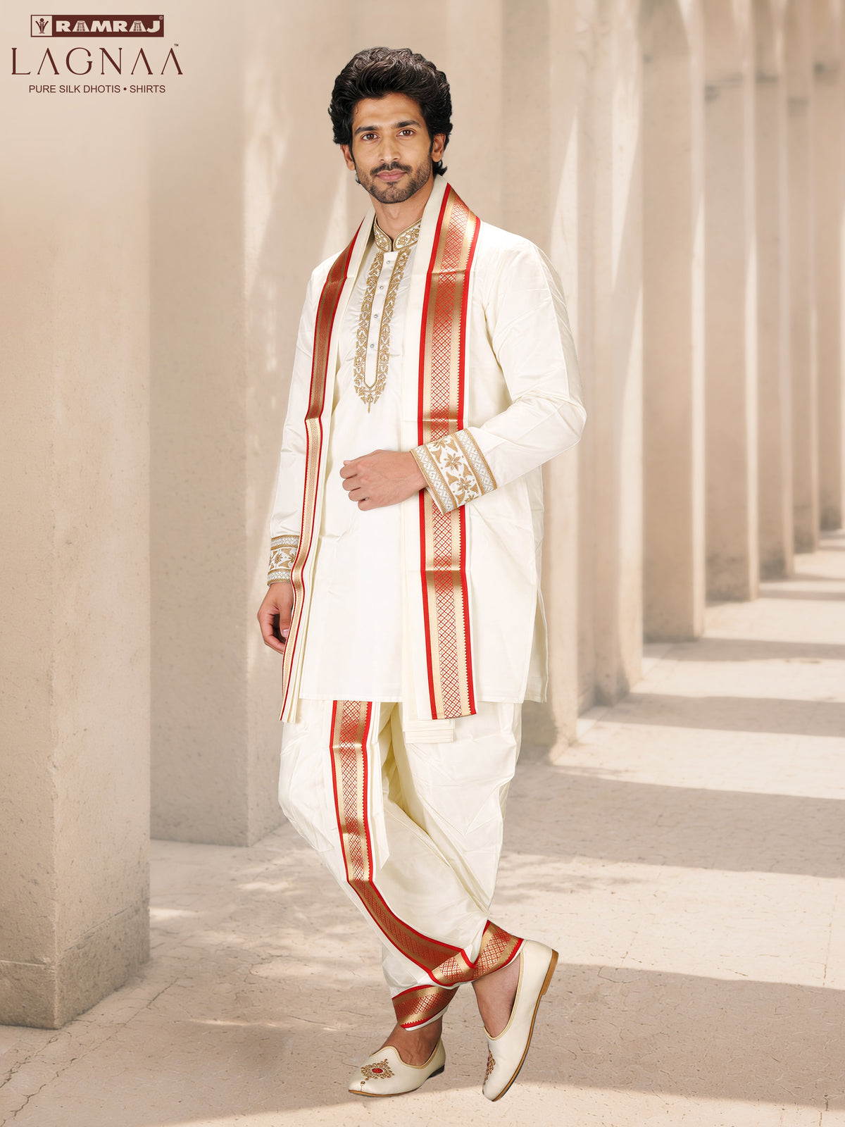 LAGNAA Premium Pure Silk Hand Embroidered Butterfly Motif Kurta, Panchakacham & Angavastram set with Banaras Red Border | Rathna Varman