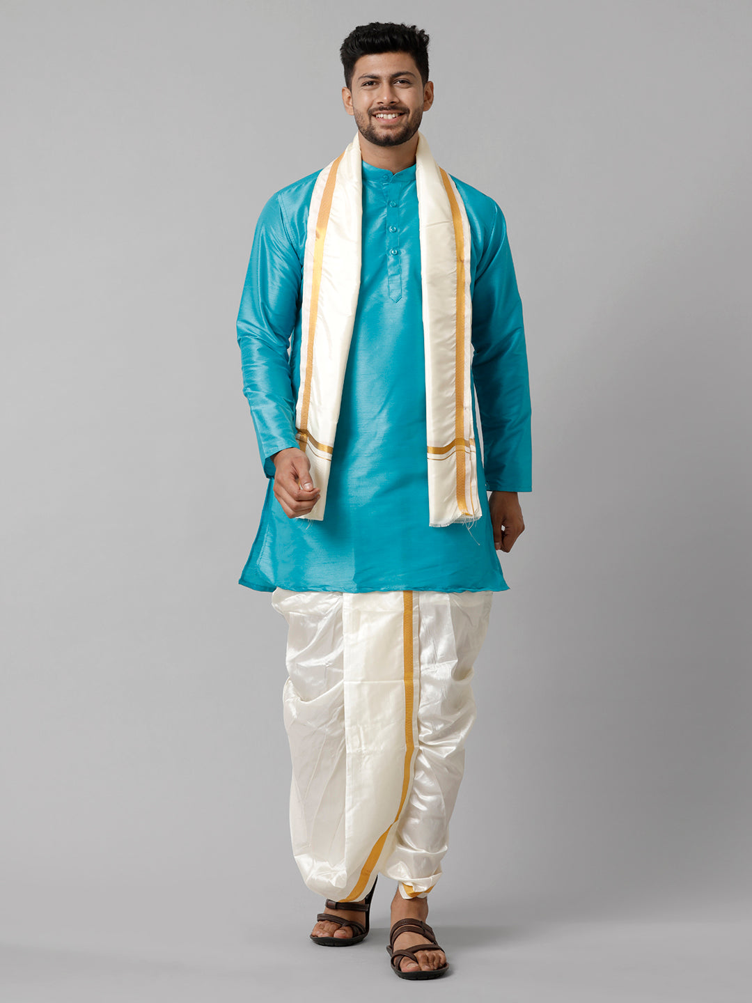 Mens Polyster Sky Blue Medium Length Kurta with Art Silk Panchakacham Towel Combo SL02