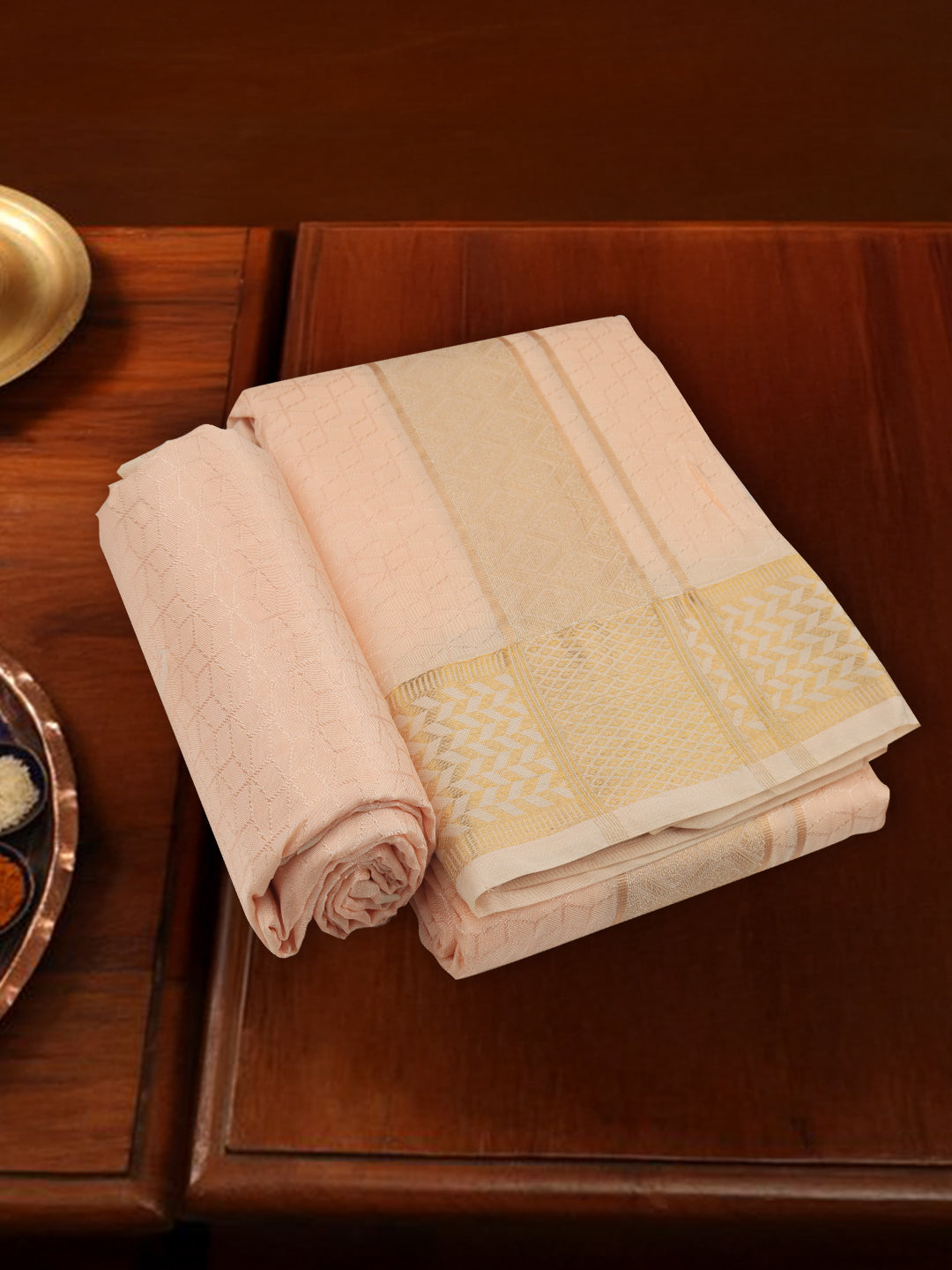 Men Art Silk Wedding Shirting Dhoti & Towel Set Coral Touch Tone TT22