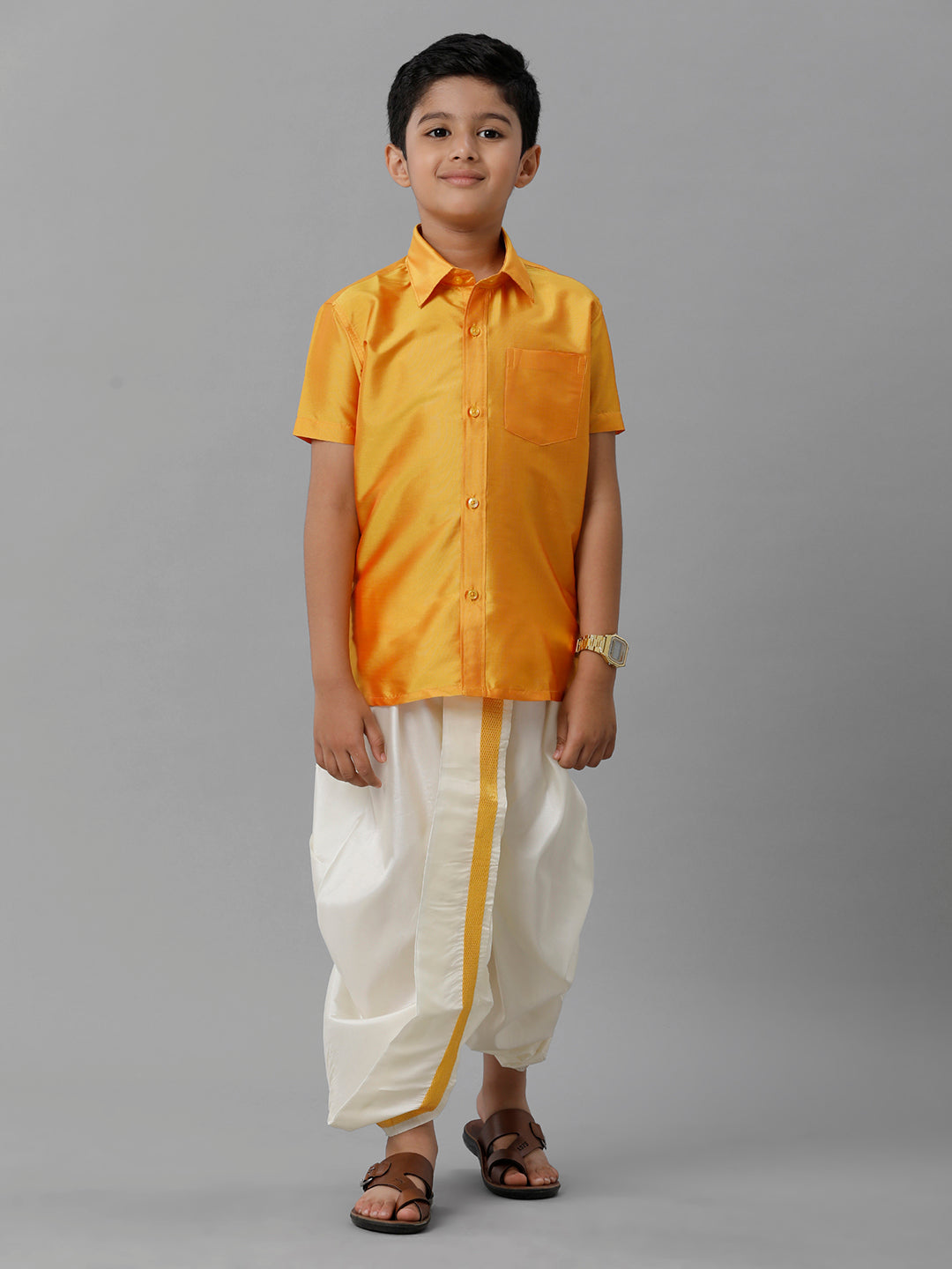Boys Silk Cotton Yellow Half Sleeves Yellow Shirt with Soft Silk Panchakacham Combo K6-Full view